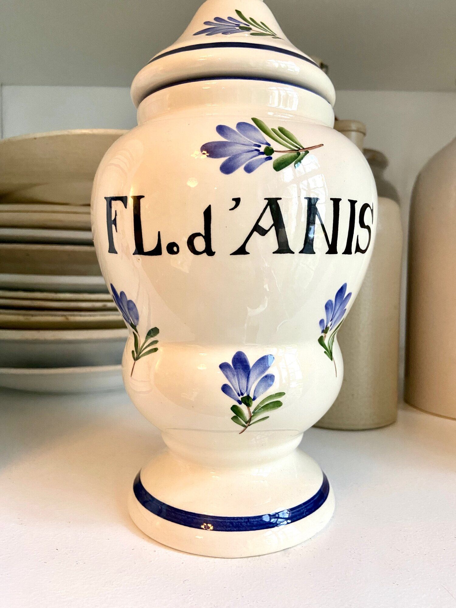 Fl apothecary jar. hand-painted earthenware anis