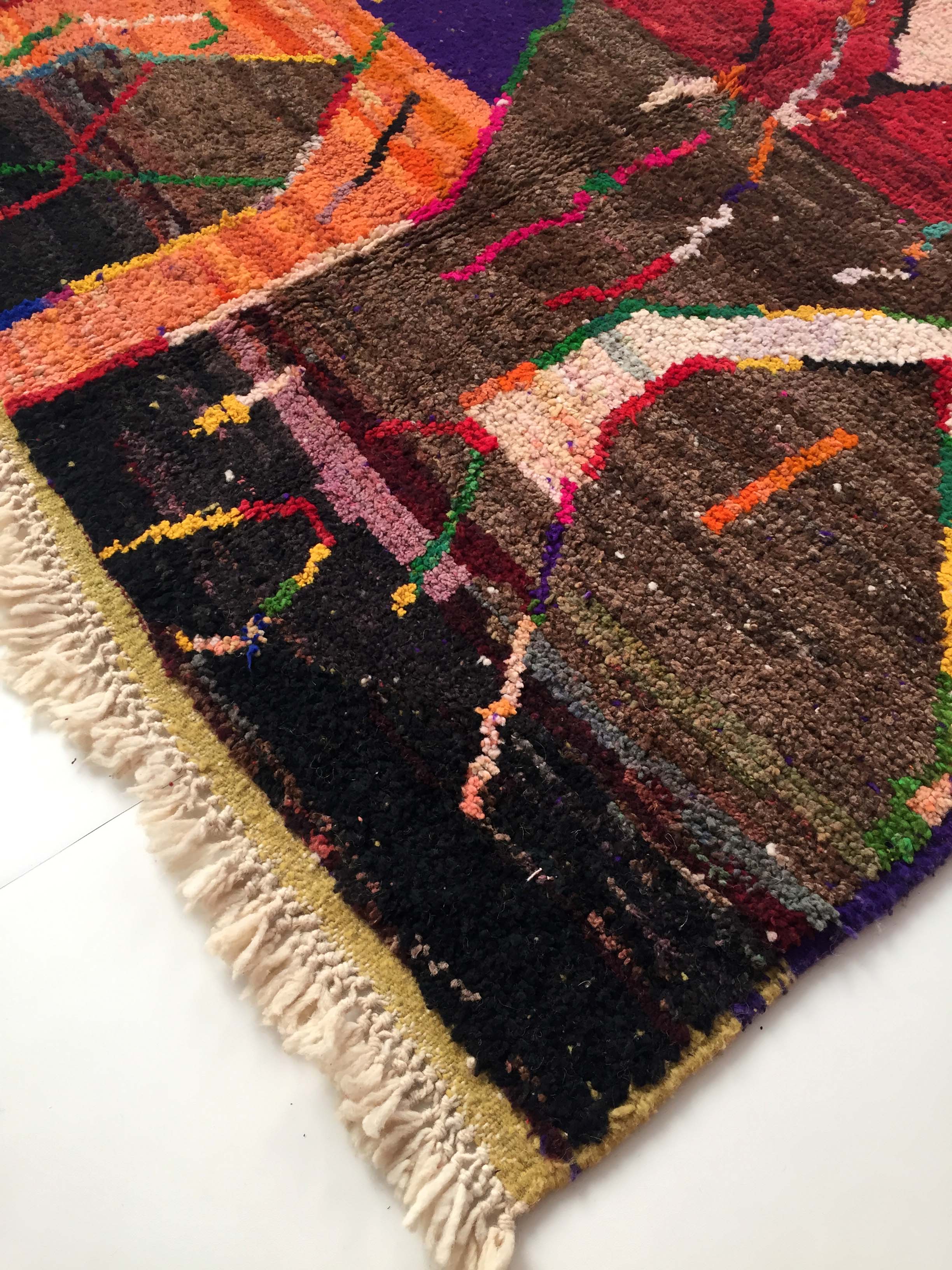 Moroccan Berber carpet Boujaad red and brown with colorful patterns 252x156cm