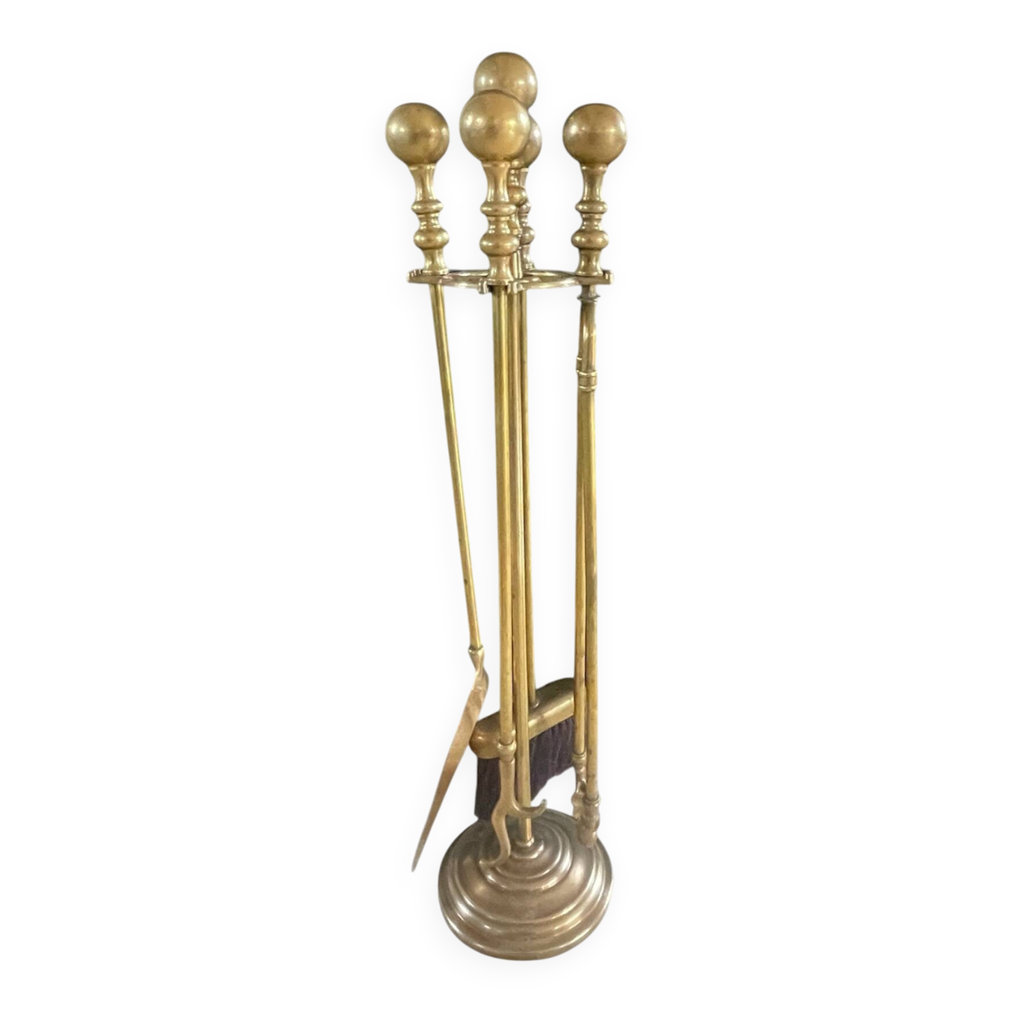 Brass fireplace accessory set with vintage stand