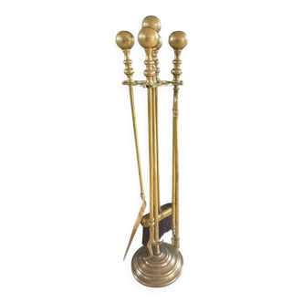 Brass fireplace accessory set with vintage stand