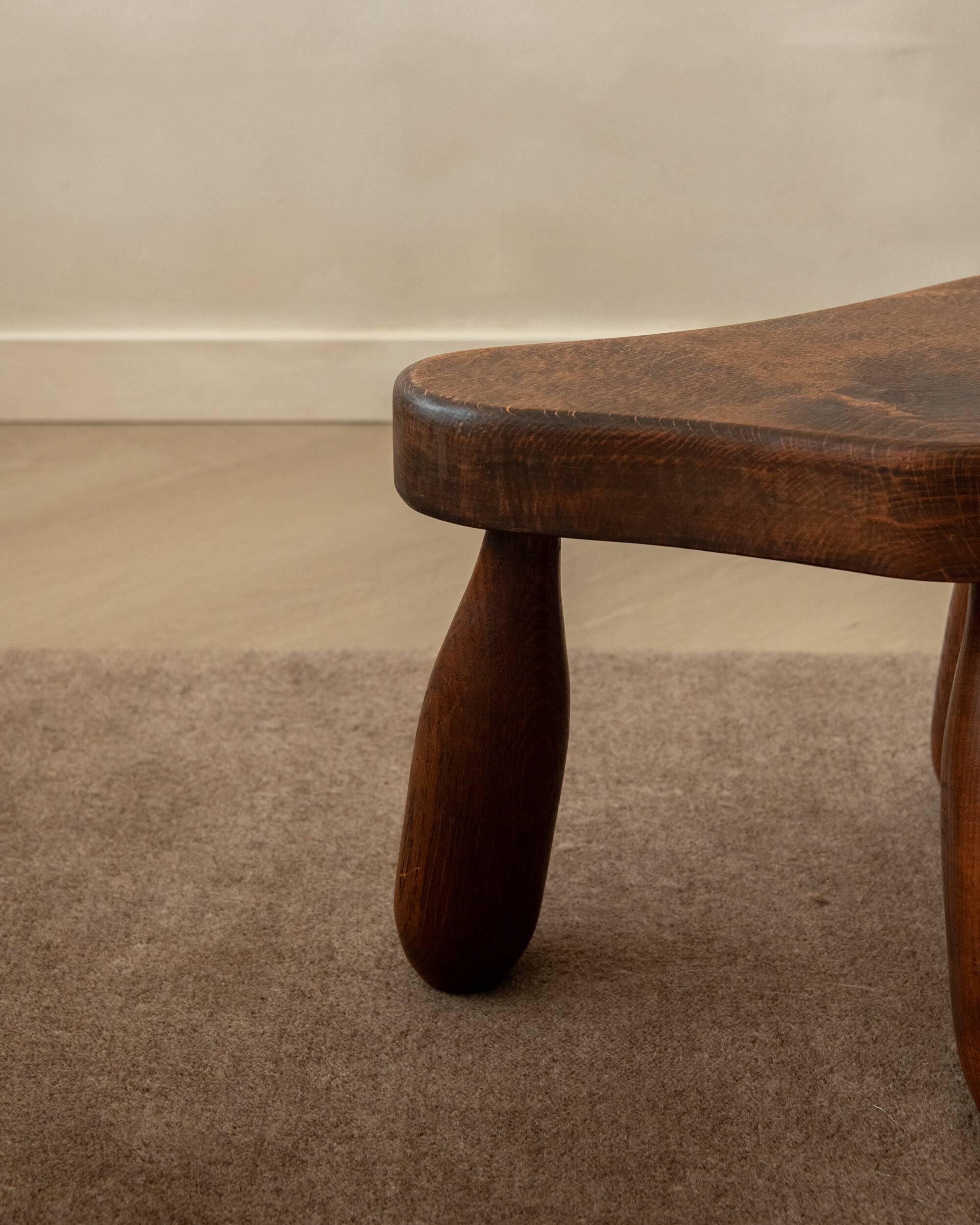 French Brutalist Wooden Tripod Stool in Solid Oak, 1950s