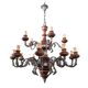 Lampadario in stile barocco a 15 luci in metallo e legno, anni '50