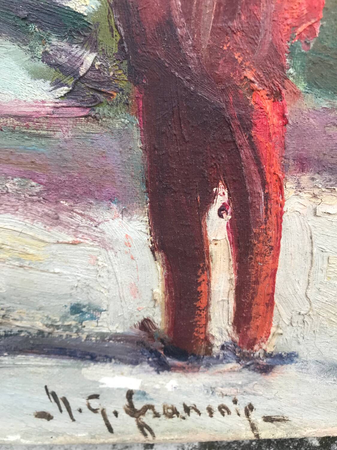 Large old marine oil painting - Sailboats in port.