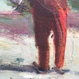 Grande Huile marine ancienne- Voiliers au port.