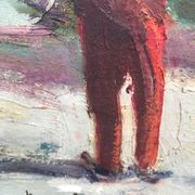 Large old marine oil painting - Sailboats in port.
