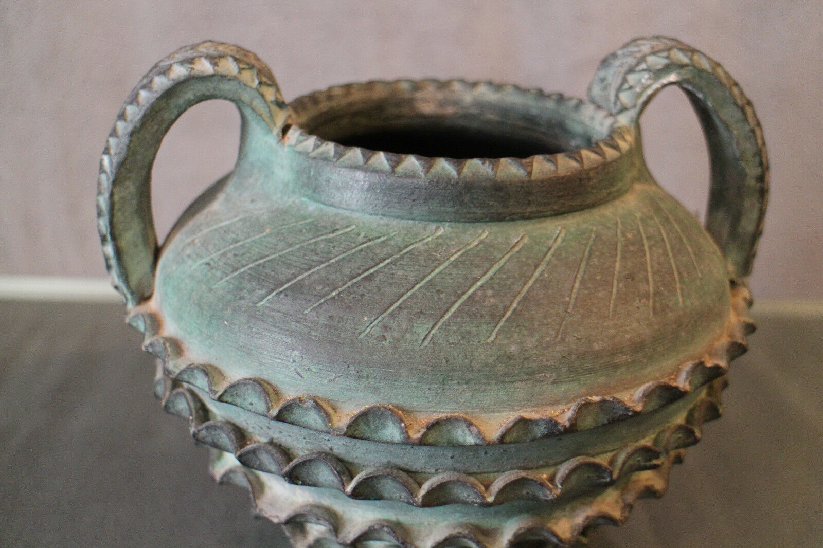 Terracotta vase with ceramic bronze green patina vase