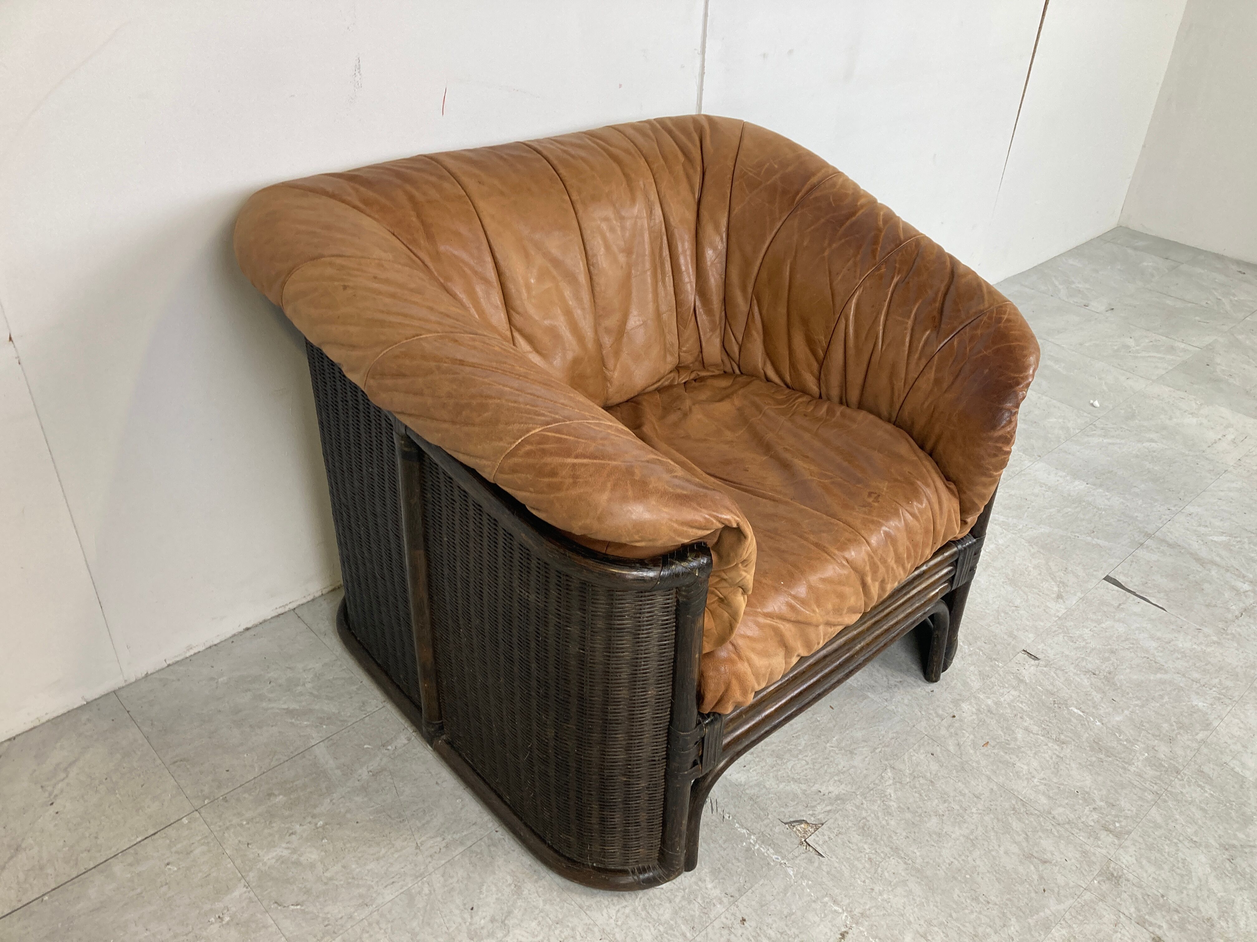 Vintage wicker and leather sofa set 1960s