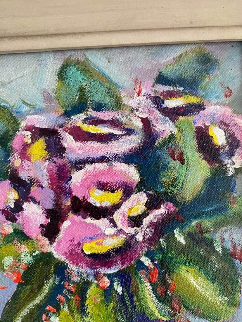 Painting on panel flowers in a vase.