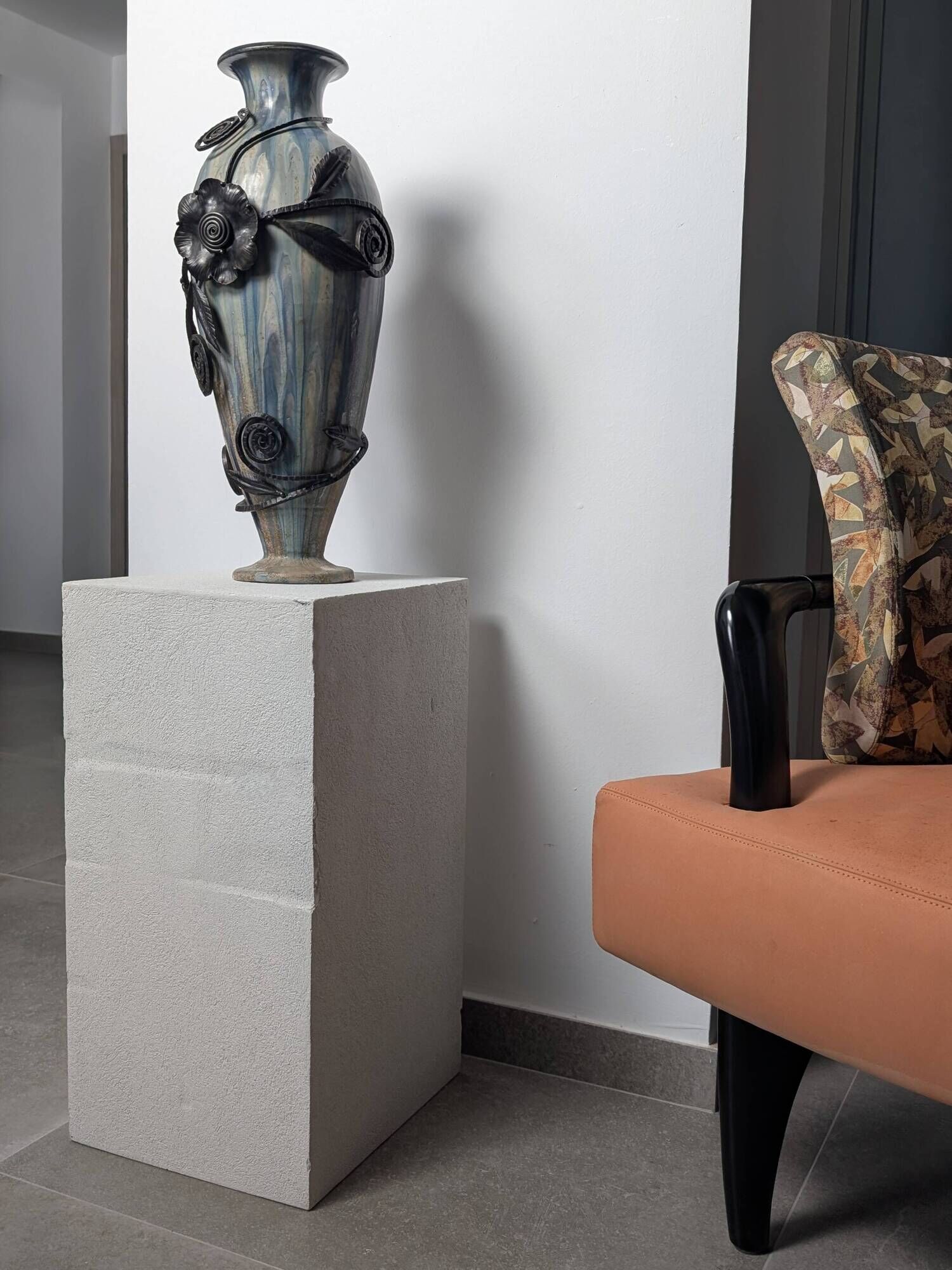 Roger Guérin Belgian Art Deco Stoneware & Wrought Iron Vase 1930s