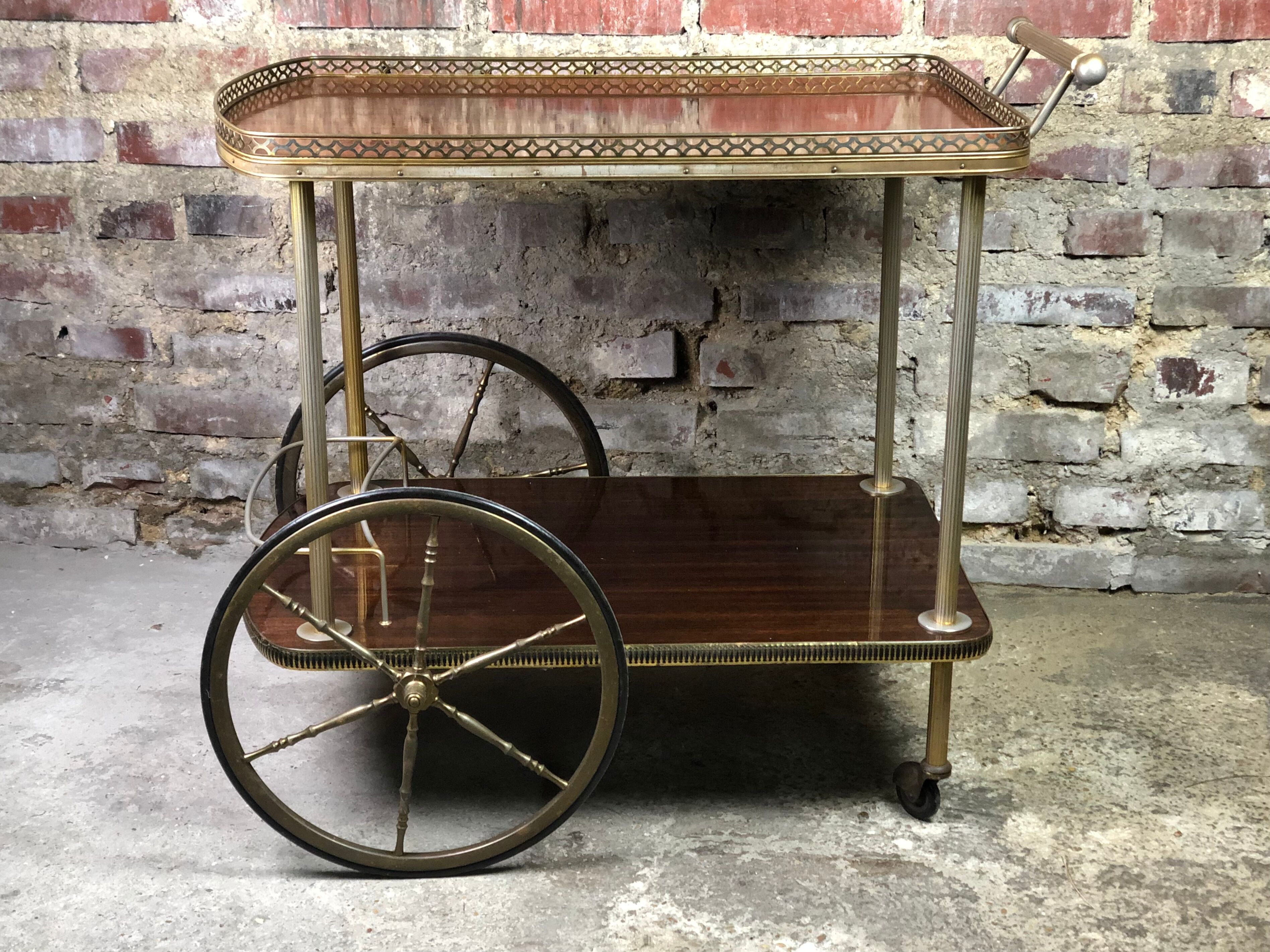 Vintage brass rolling table with 2 trays 70'S