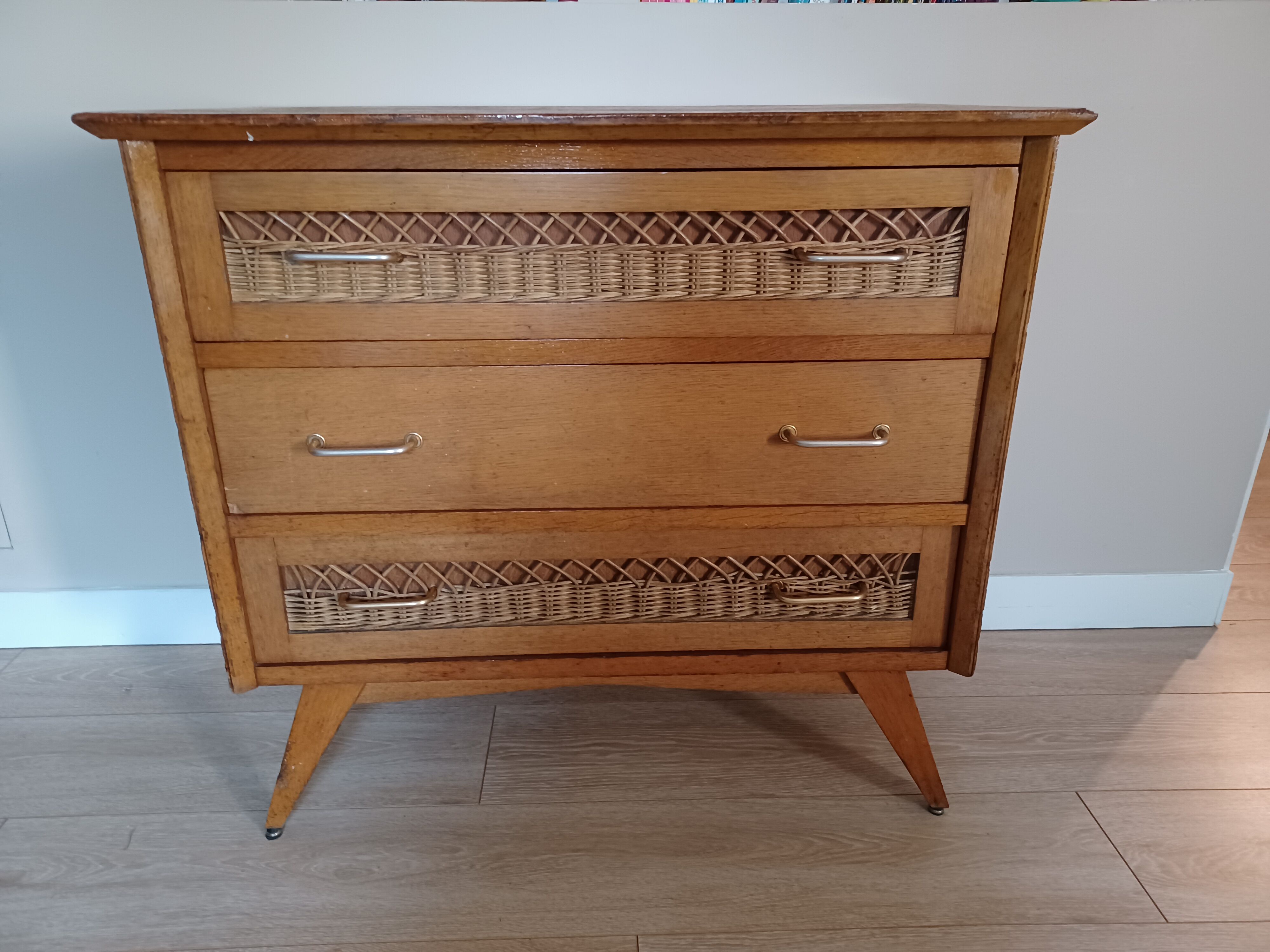 Commode bois et rotin vintage années 50