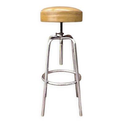 Tabouret haut industriel réglable en métal chromé et cuir beige, années 50-60
