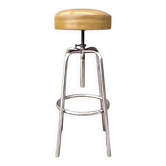 Adjustable industrial stool in chrome metal and beige leather – 1950s 60s