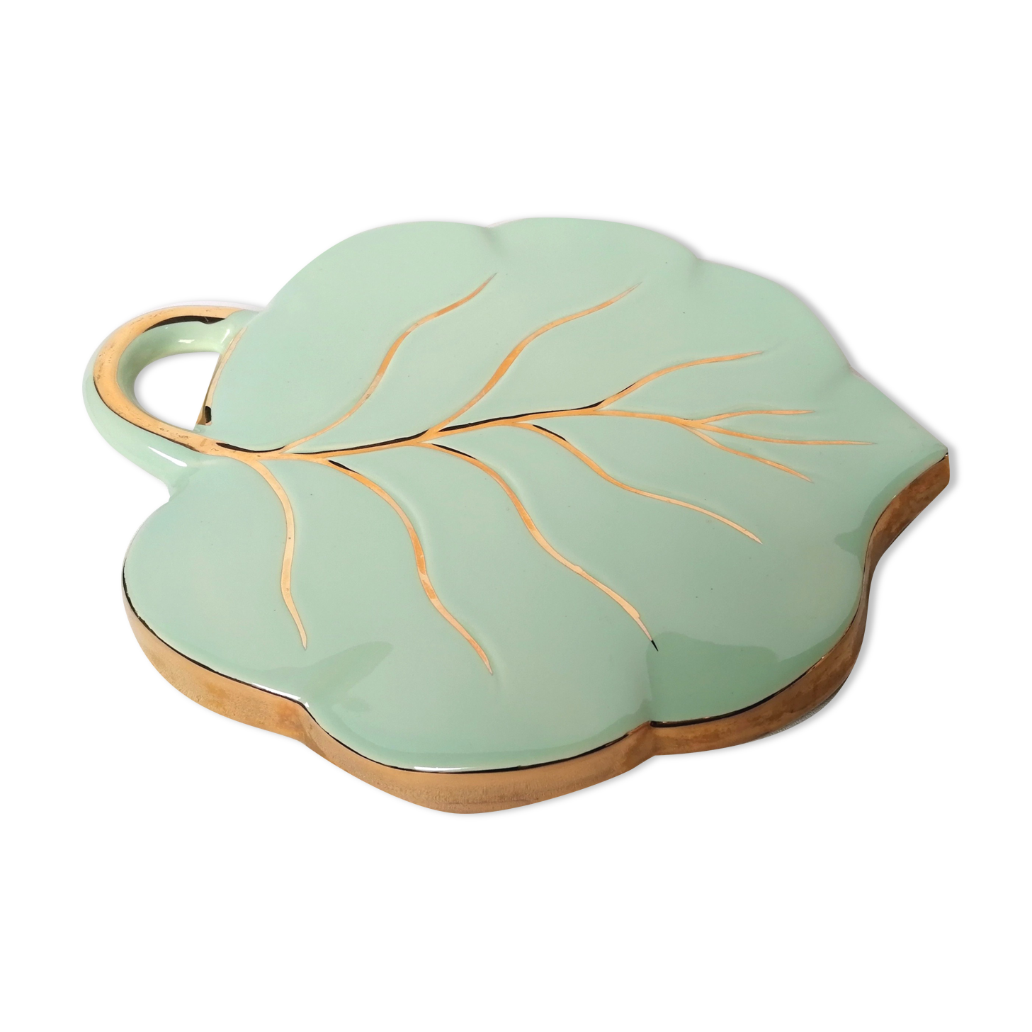 Celadon green leaf trivety and gilding