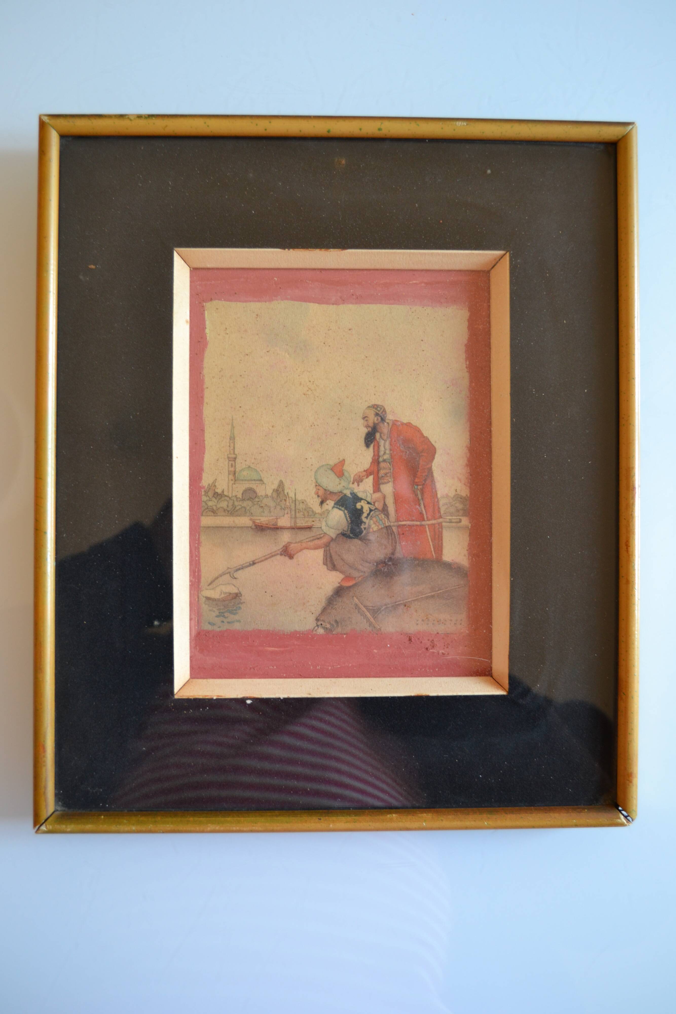 Orientalist watercolor print framed and under glass