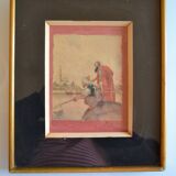 Orientalist watercolor print framed and under glass