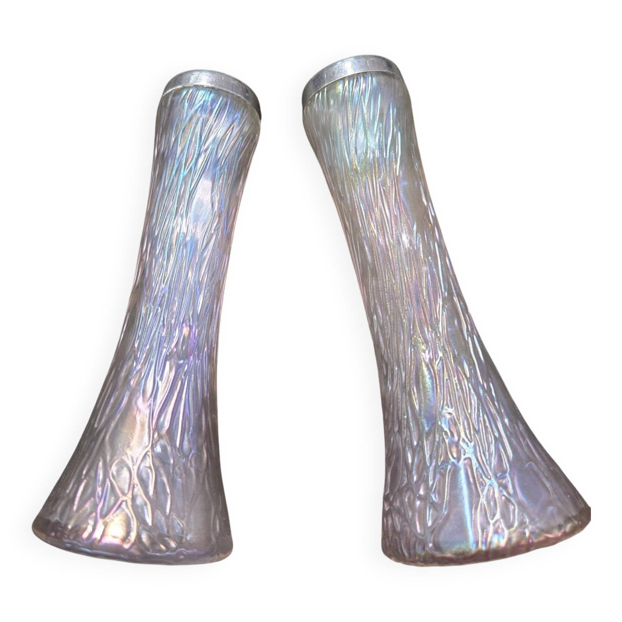 Pair of iridescent glass vases with relief decoration reminiscent of plant motifs.