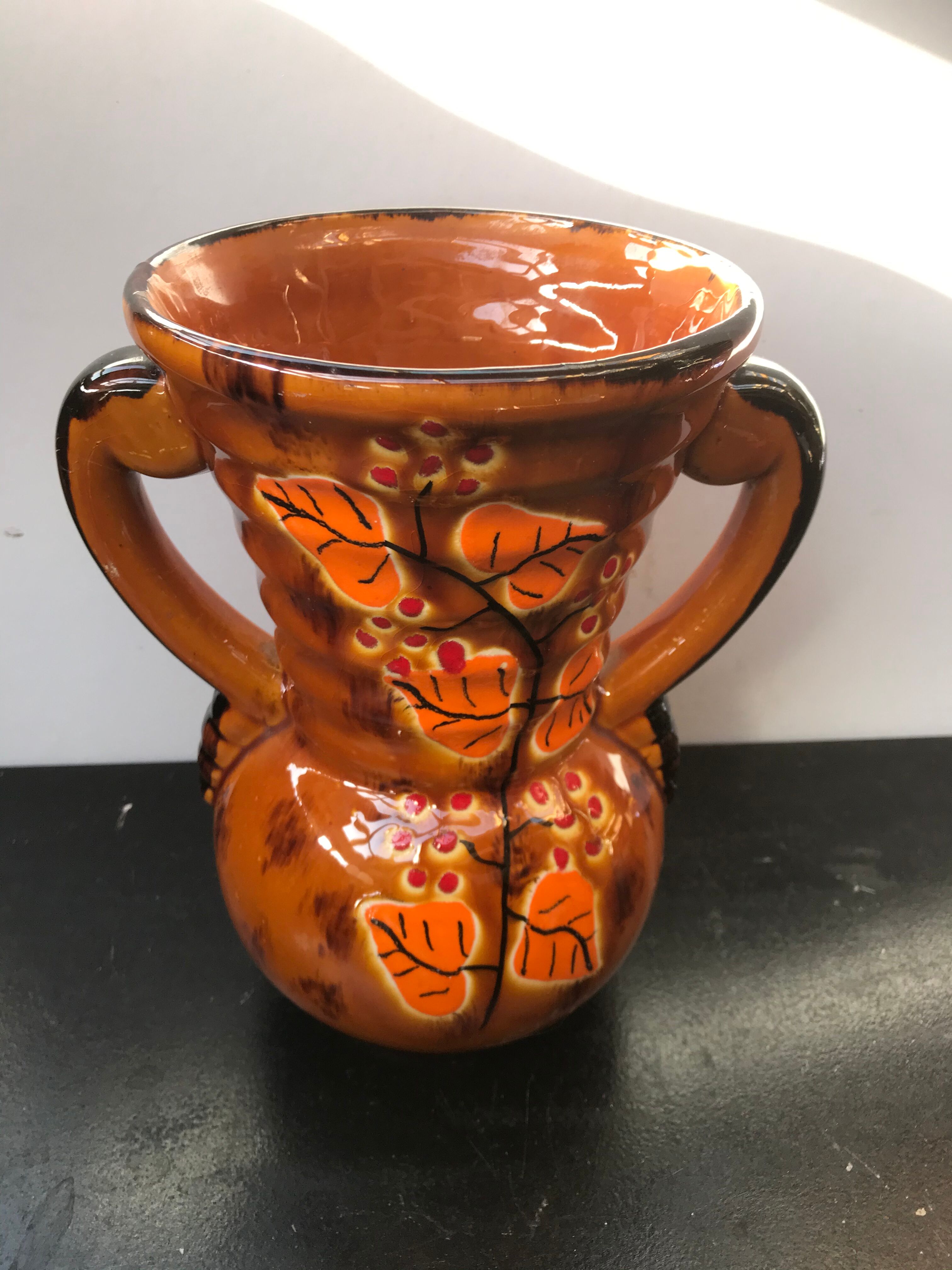 Ancient Vase With Autumn Ceramics Brown - Decor Leaves 70s Vintage