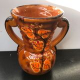 Ancient Vase With Autumn Ceramics Brown - Decor Leaves 70s Vintage
