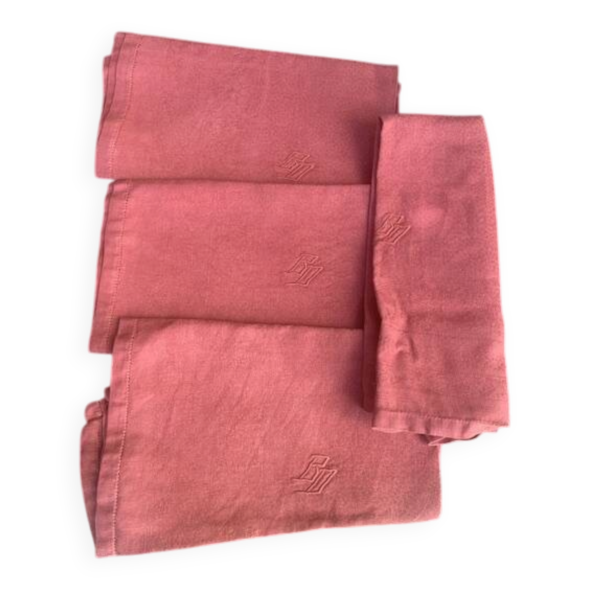 Set of 4 monogrammed BD napkins, rust, damask cotton and linen.