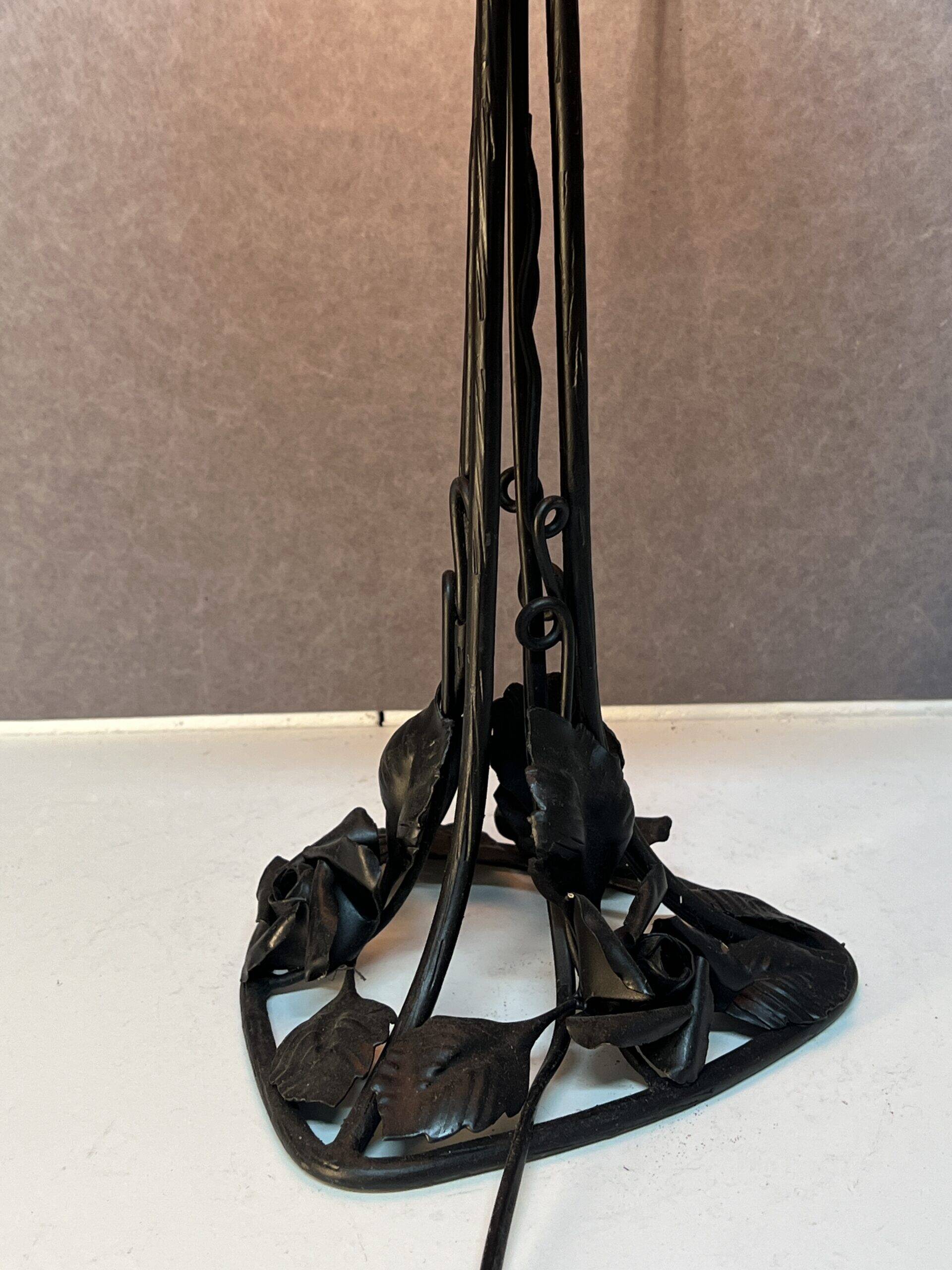 Contemporary mushroom lamp, wrought iron base and shaded orange glass shell