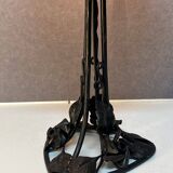 Contemporary mushroom lamp, wrought iron base and shaded orange glass shell