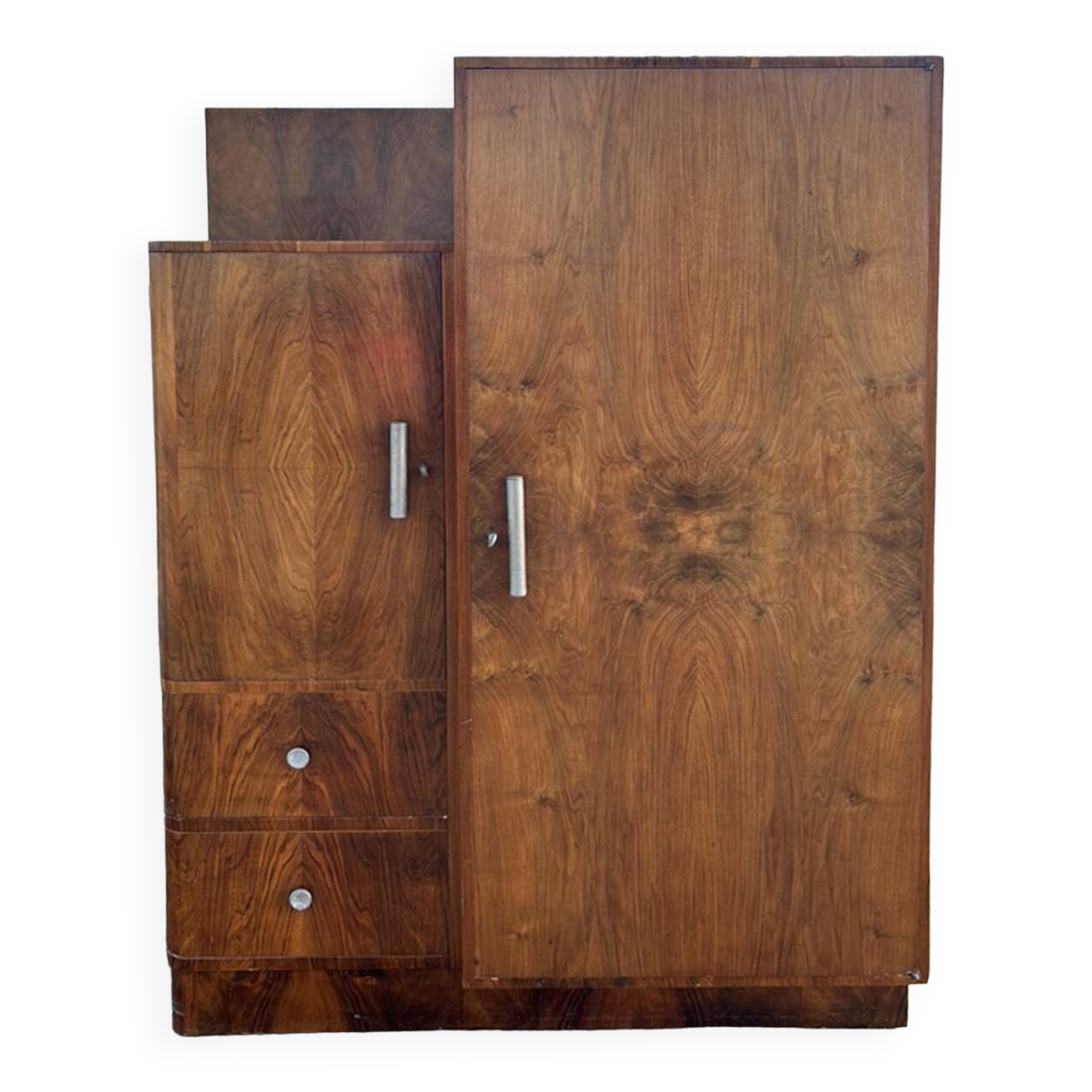 Asymmetrical wardrobe, Art Deco, 1930s walnut burl, wardrobe, shelves, drawers