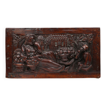 Gothic Hand Sculpted Panel in Oak, Belgium, 17th Century