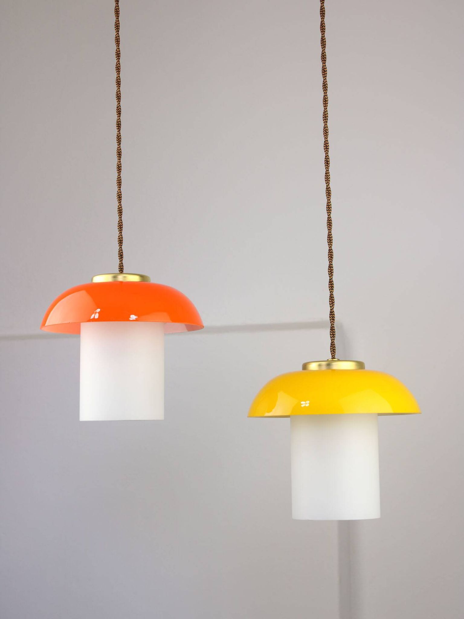 Mid-Century Glass and Brass Mushroom Pendant Lamps, Set of 3