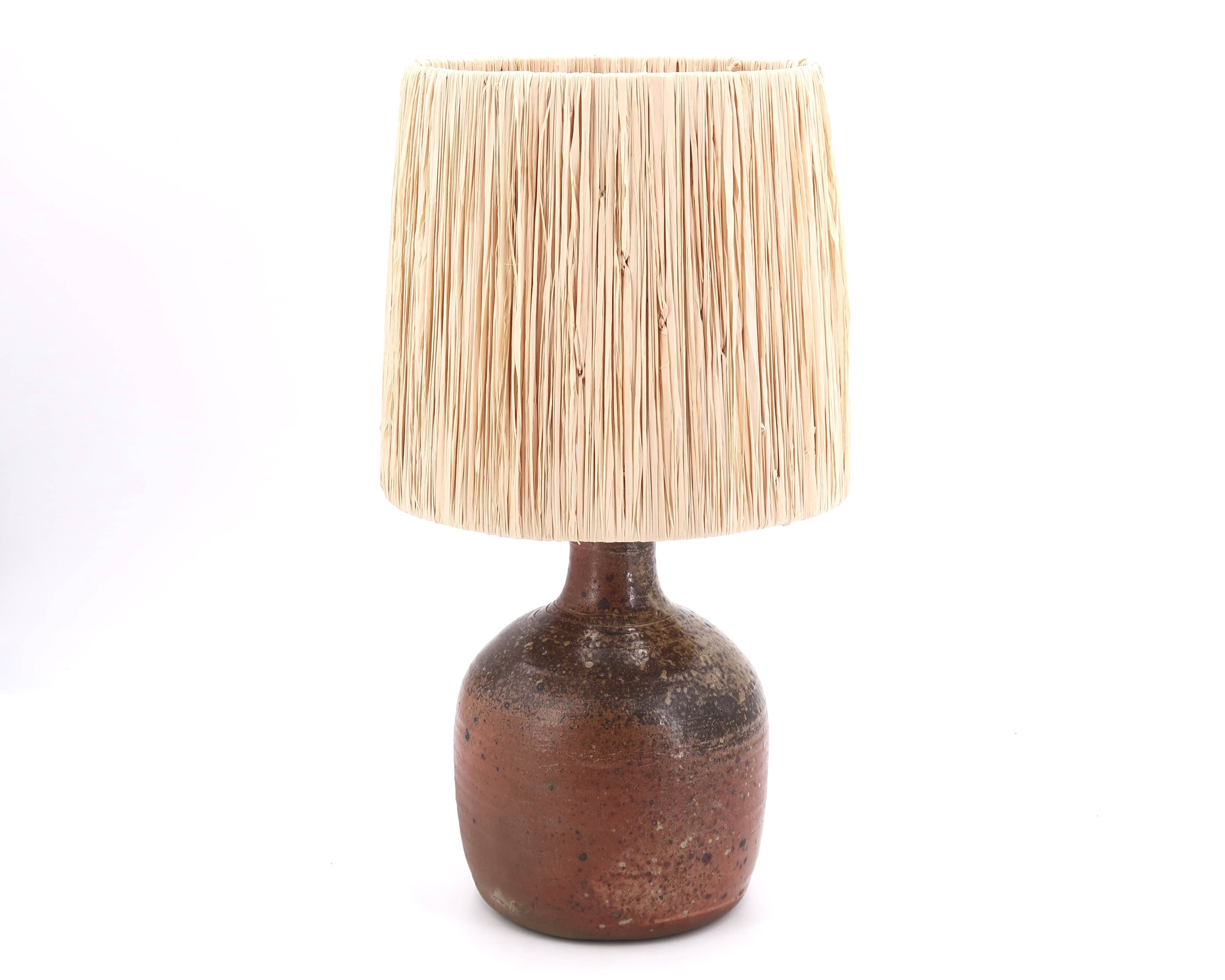 Stoneware lamp with wood firing, raffia lampshade, 1960s