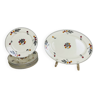 7 Longchamp iron earth plates and dish, Aubépine model