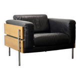 Robin Day armchair for habitat in black leather, wood and chrome