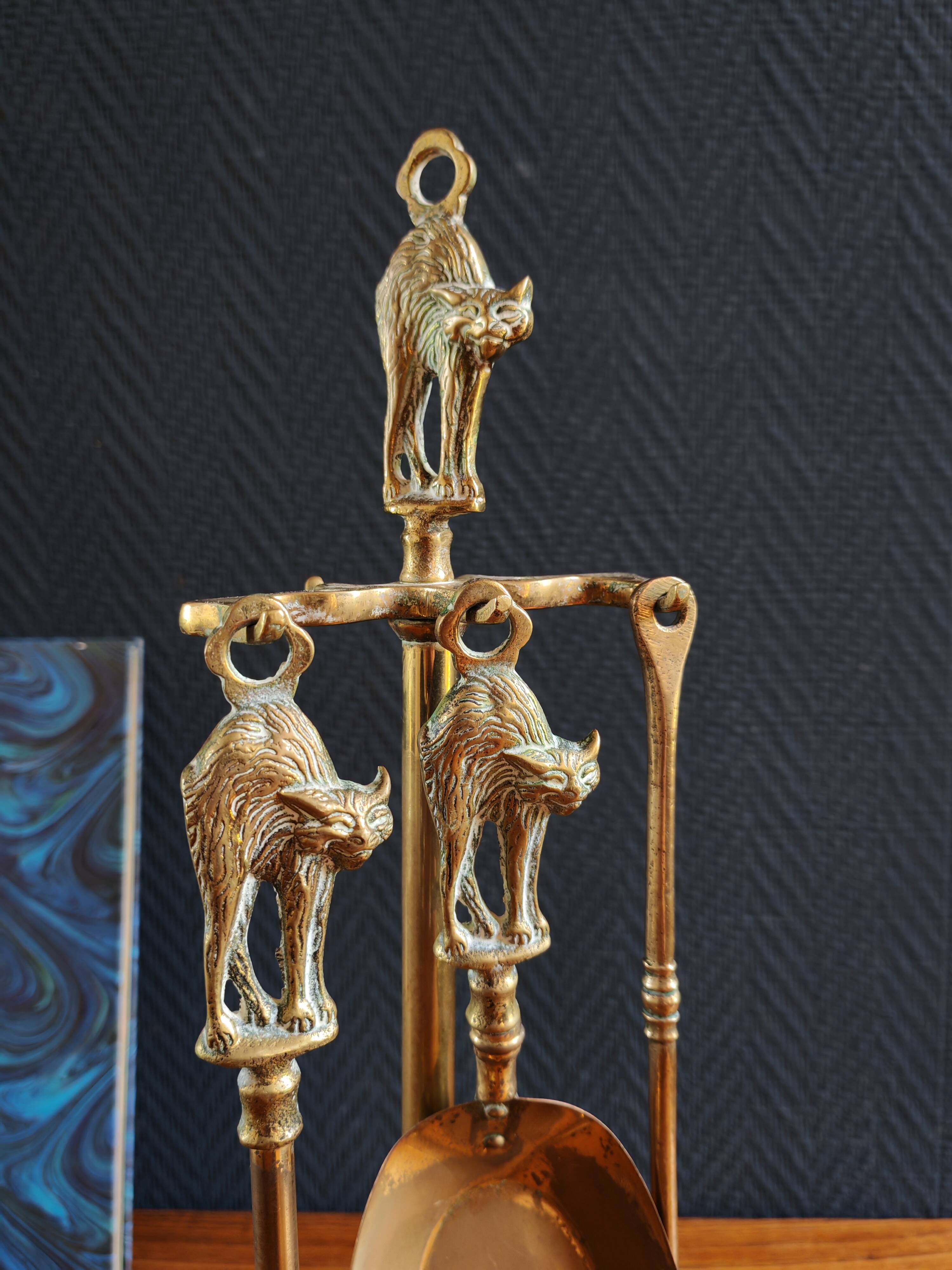 Vintage Brass Fireplace Tools Cat Decor