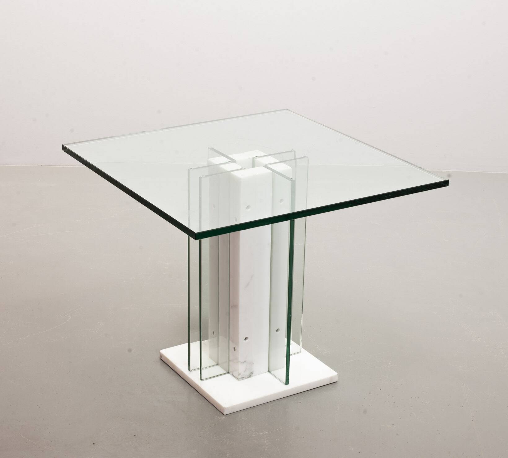 White Marble Italian Square Side Table with Glass Top and Lighting Option