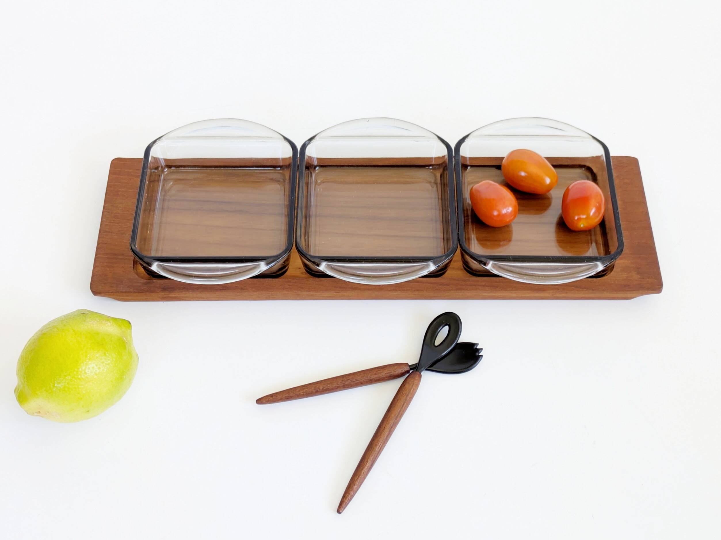 Danish vintage service teak tray, smoked glass bowls, spoon fork.