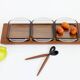 Danish vintage service teak tray, smoked glass bowls, spoon fork.