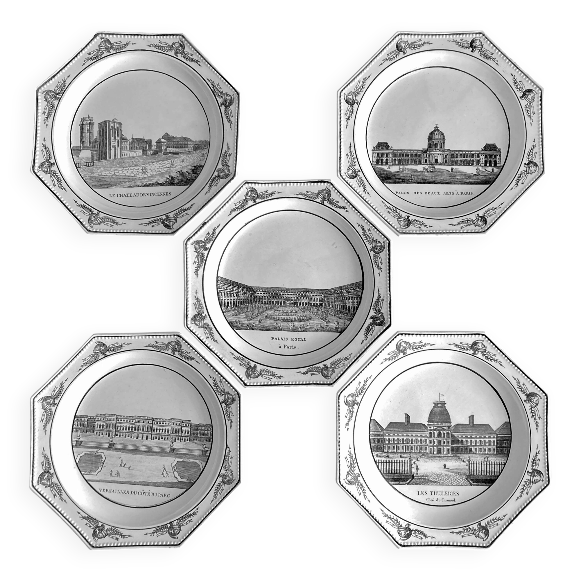 Octagonal plates Montereau directory 1810 grisaille neoclassical