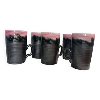 5 black and pink ceramic mugs / cups from Louviers, vintage 1960