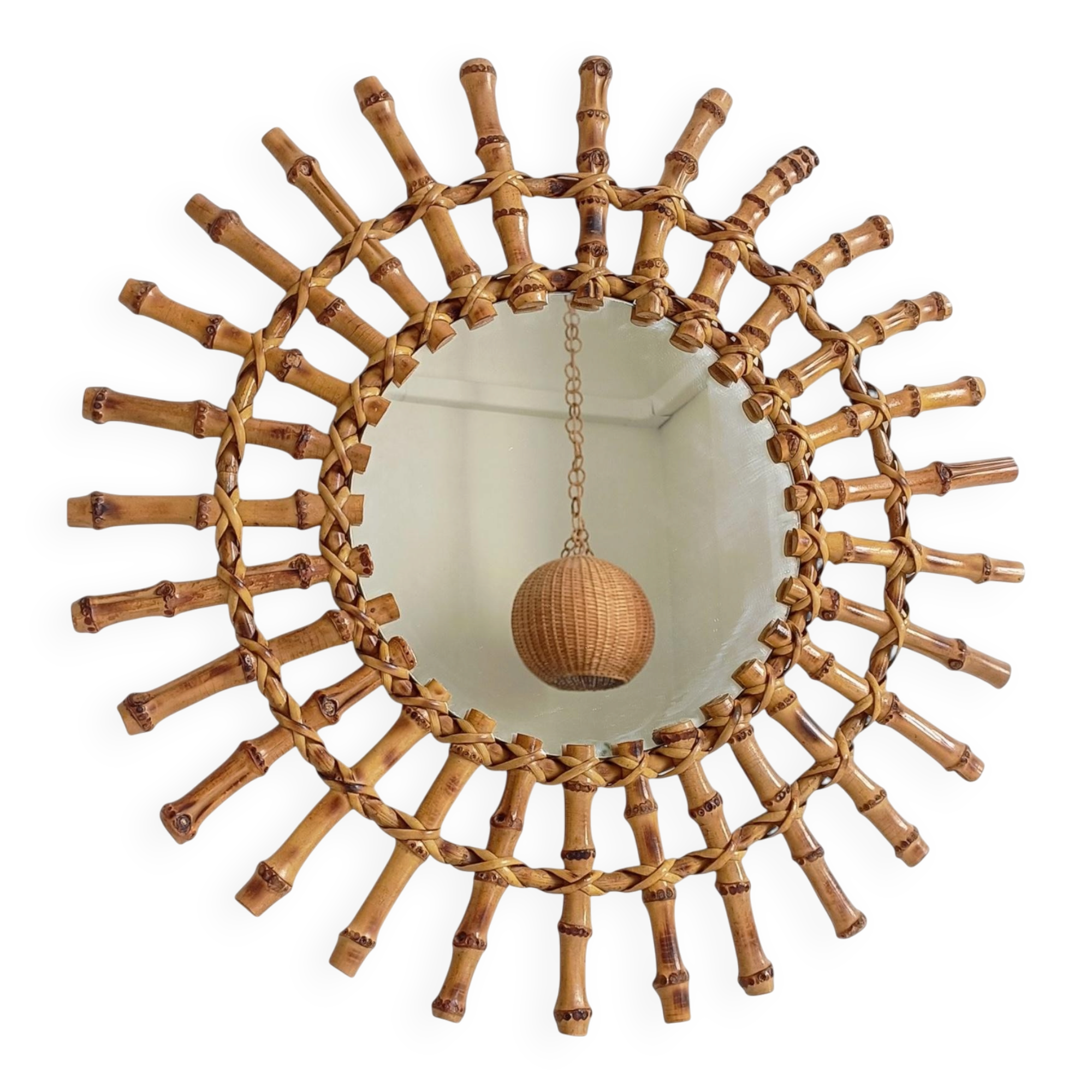 Midcentury Sunburst Mirror, Bamboo & Rattan, Handmade in France, 1950s
