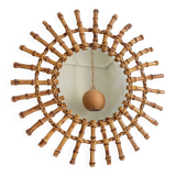 Midcentury Sunburst Mirror, Bamboo & Rattan, Handmade in France, 1950s