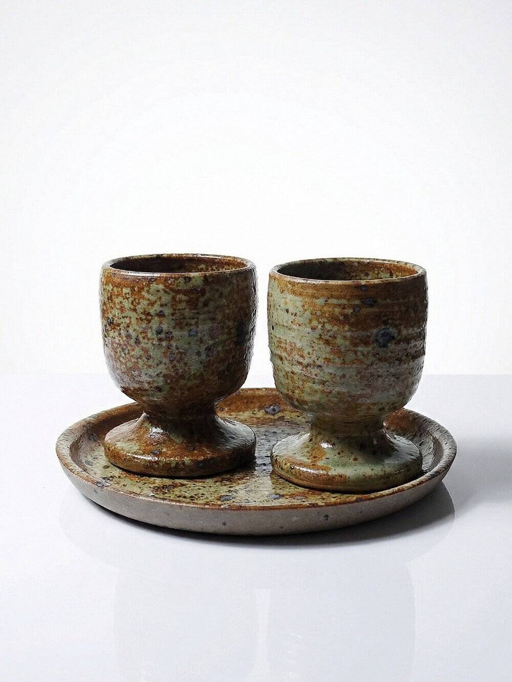 Set à café 2 tasses un plateau vintages grès pyrité style Baudat La Borne