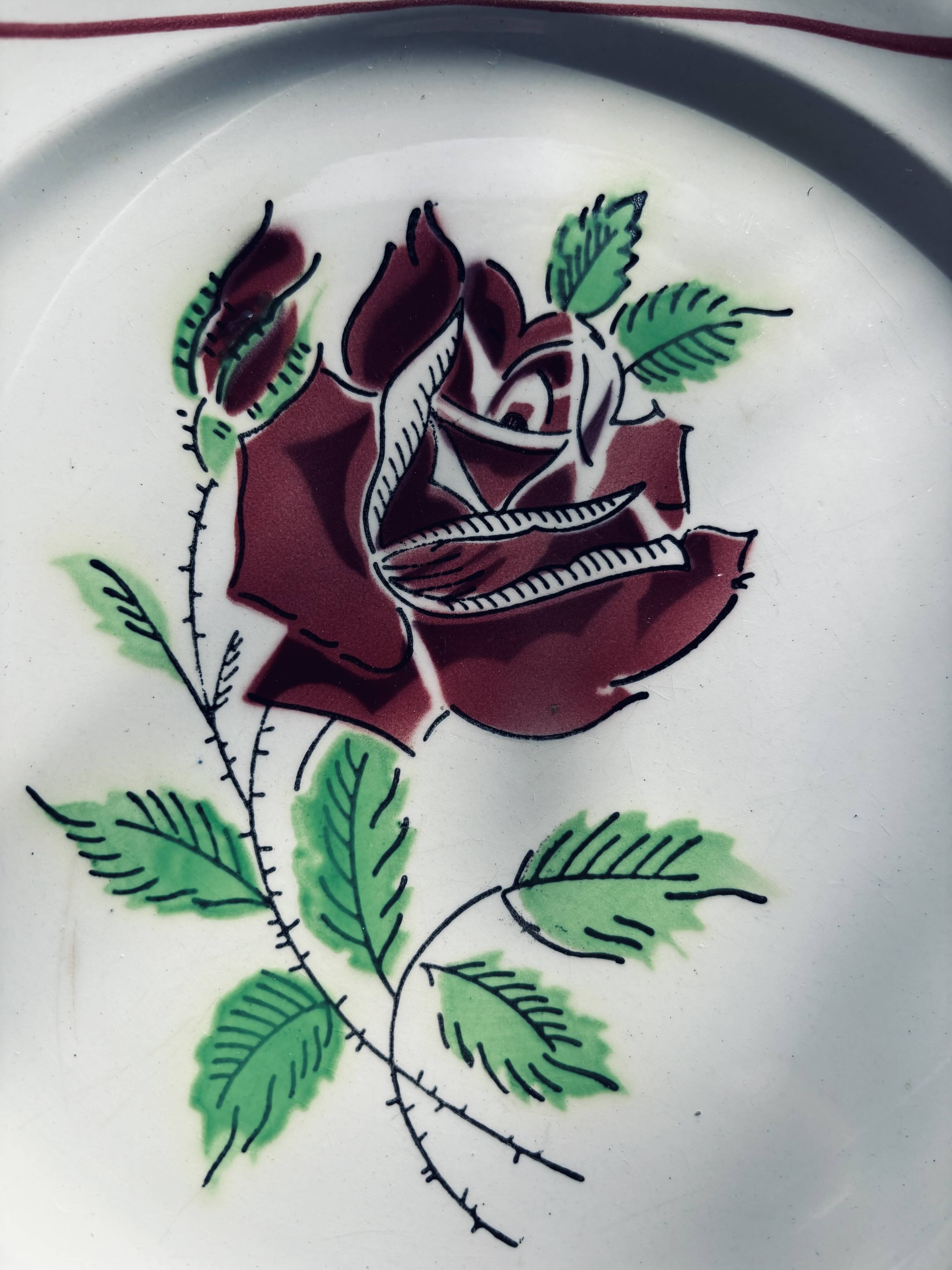 6 flat plates "Dominique", Céranord Saint-Amand, Hand-painted design, 1950