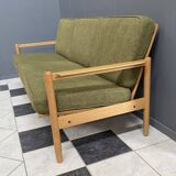 canapé 3 places en tissu vert et bois années 1960