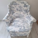 Fauteuil crapaud toile de Jouy bleu