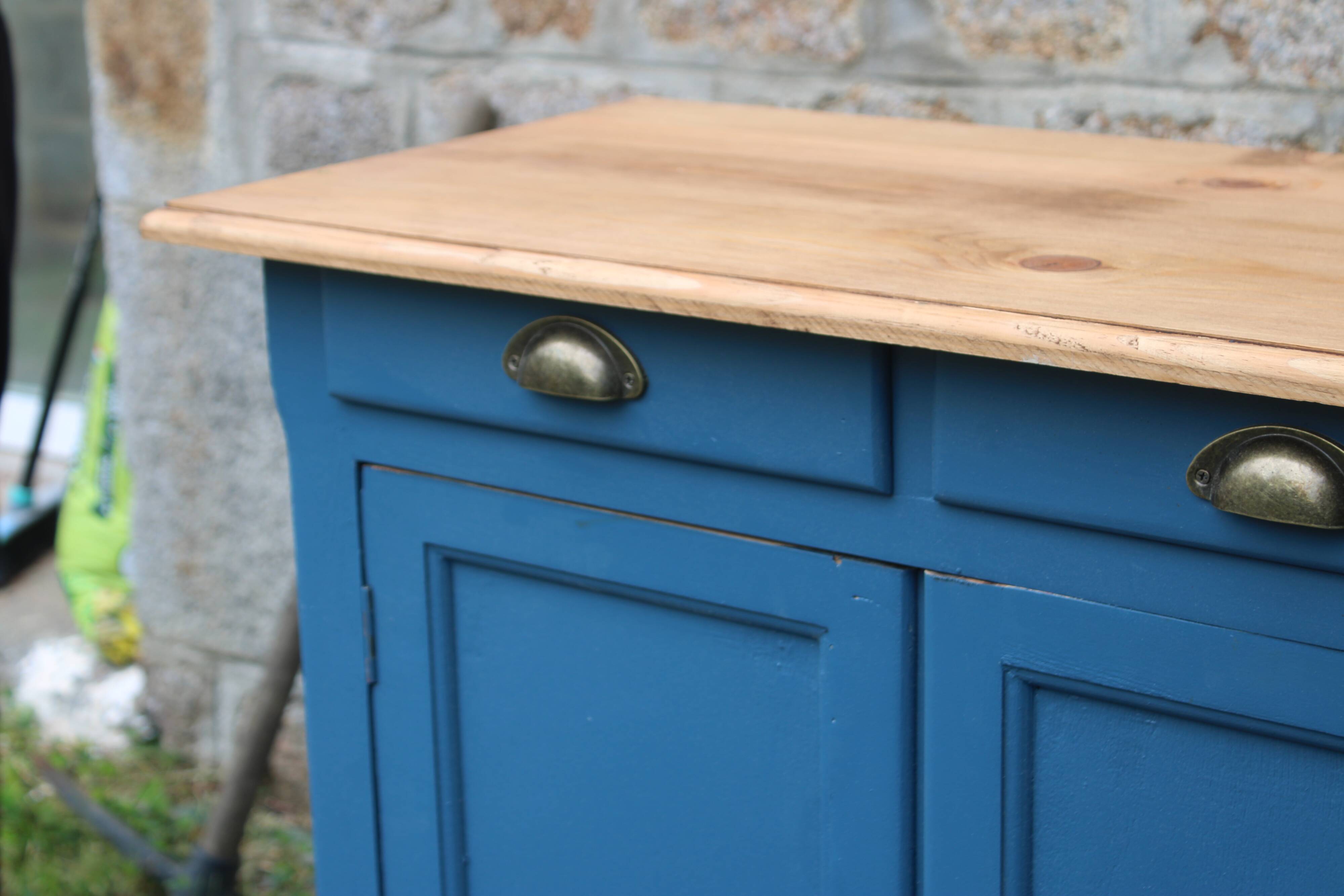 Vintage deep blue Parisian sideboard & natural wood top
