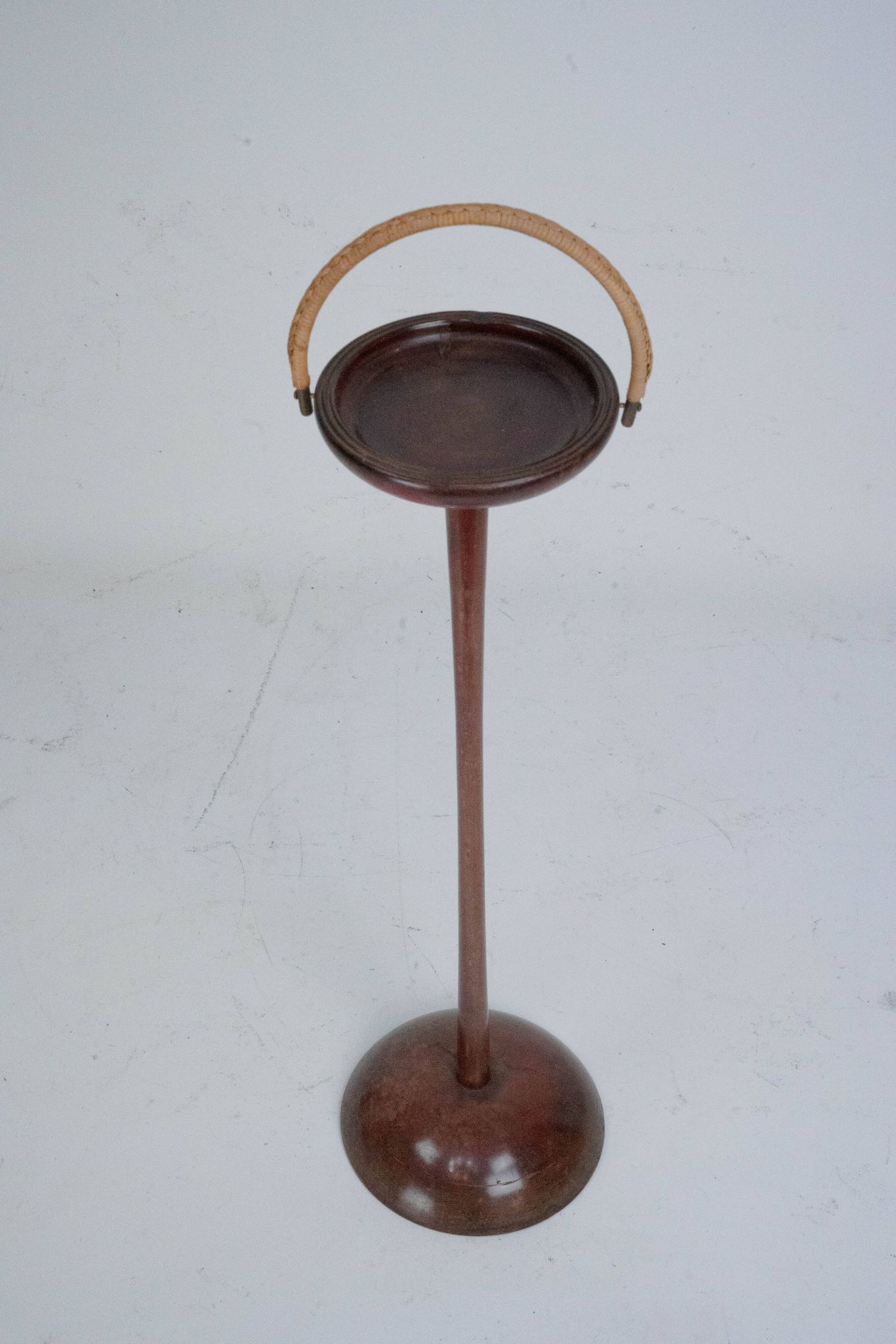 Vintage Wooden Ashtray Stand with Braided Leather Handle. Italy 1950s