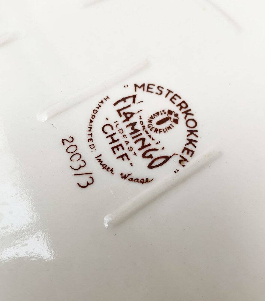 Hand-Painted Plate Pink Flamingo Master Chef in Norwegian Ceramic by Inger Waage from Stavanger Flint