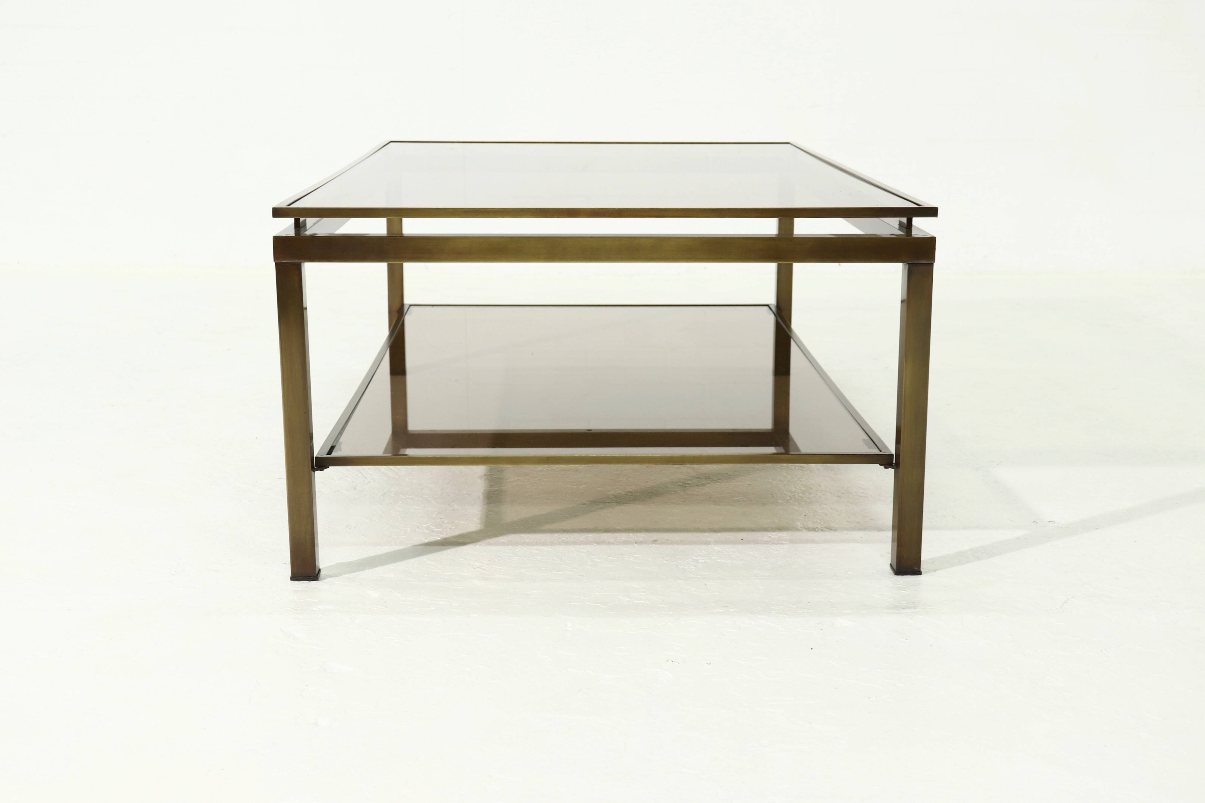 Two Tier Brass and Smoked Glass Coffee Table 1970s