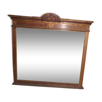 Miroir bois ancien armoiries biseautées cadre sculpté 102,5x105,5cm