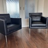 2 fauteuils de salon modernistes allemands en cuir noir et acier de Walter Knoll